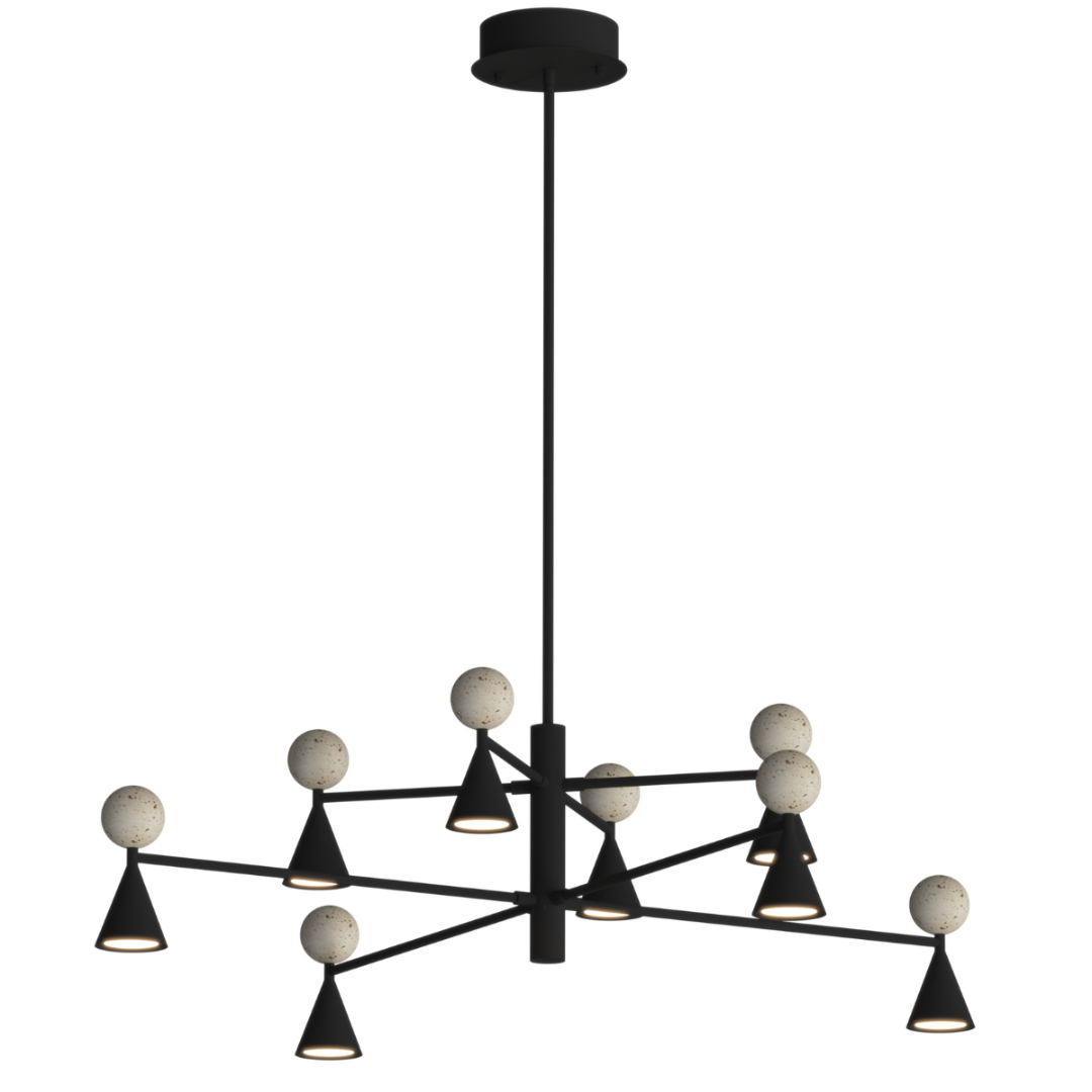 Czarna lampa wisząca LED z trawertynowymi kulami — ø112 cm, 54W do salonu i jadalni