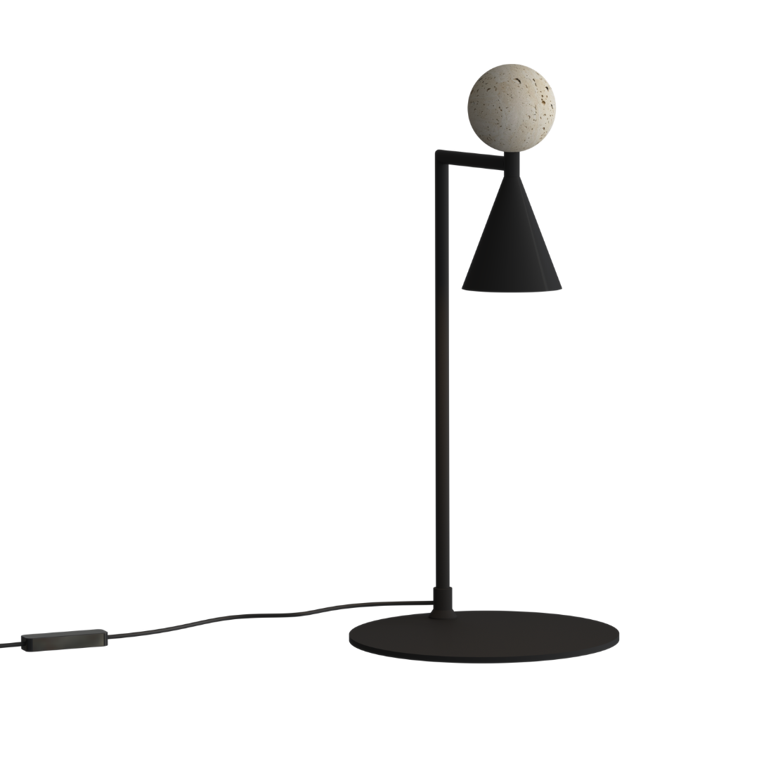 Czarna lampa stołowa LED z trawertynem — elegancka oprawa na stolik nocny i komodę