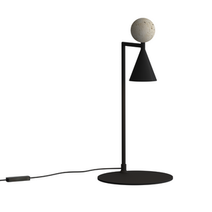 Czarna lampa stołowa LED z trawertynem — elegancka oprawa na stolik nocny i komodę