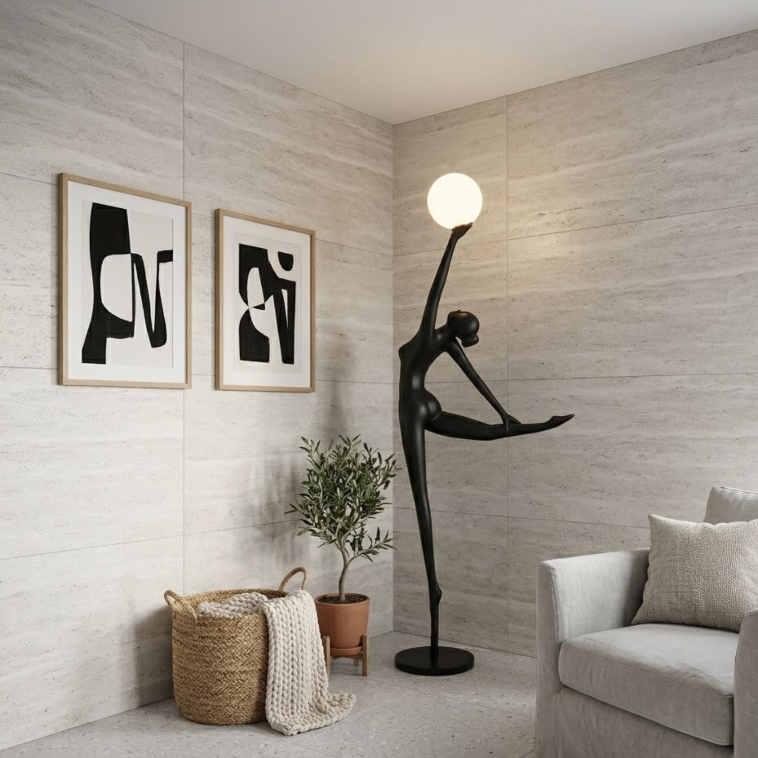 Lampa podłogowa WOMAN BALLERINA 215 cm - czarna figura tancerki z białym kloszem