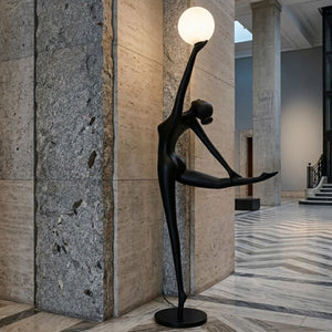 Lampa podłogowa WOMAN BALLERINA 215 cm - czarna figura tancerki z białym kloszem