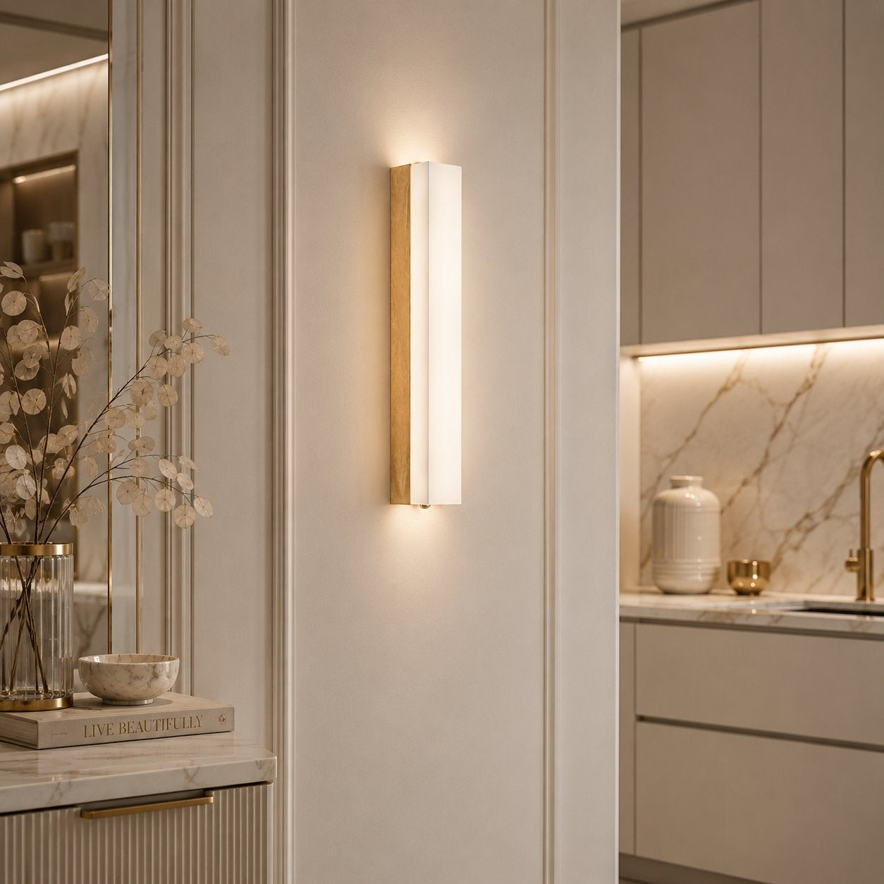 Lampa ścienna BLOCK 40 cm - kinkiet prostokątny, biały marmur i mosiądz