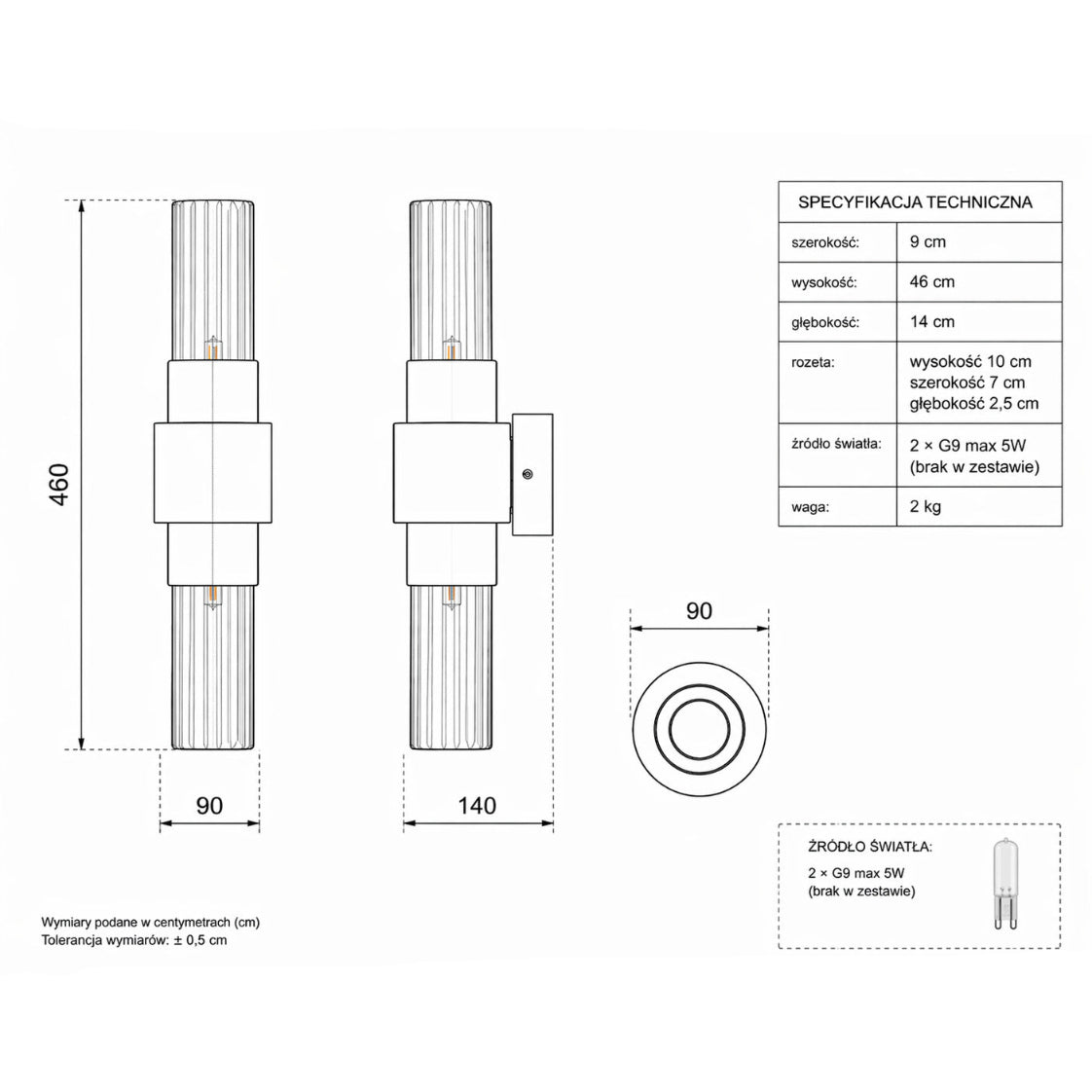 Lampa ścienna GLOW 46 cm - kinkiet złoty, szkło ryflowane
