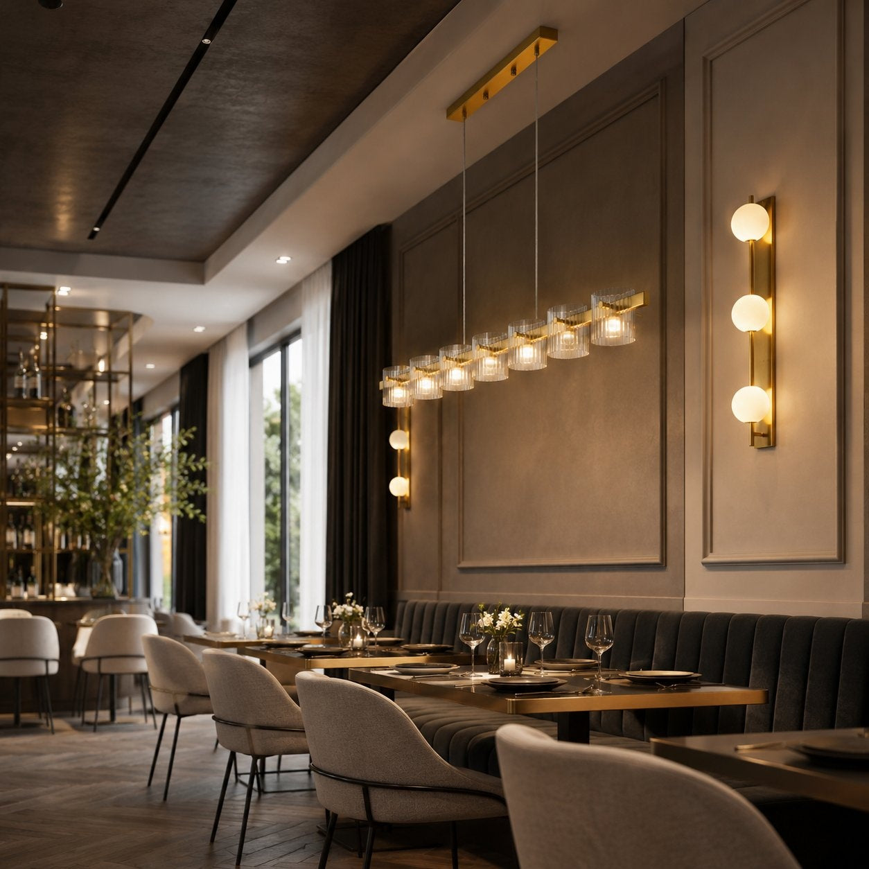 Lampa wisząca BACCIO 120 cm - LED, złota  listwa ze szklanymi kloszami